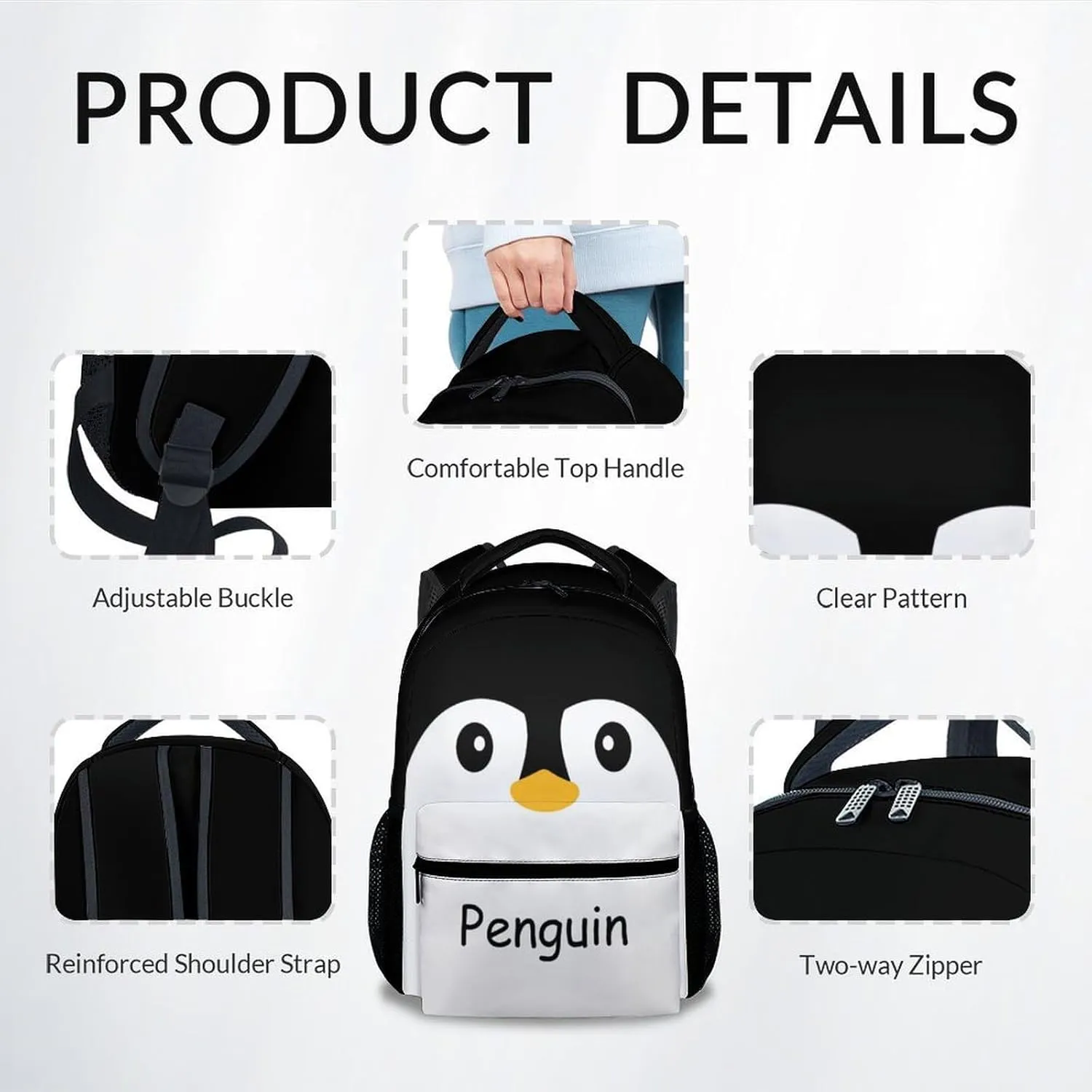 Kid Backpack for Girls - Penguin Schoolbag - Lightweight Durable Large Capacity - 17 Inch Black Bookbag for School, Travel and Camp