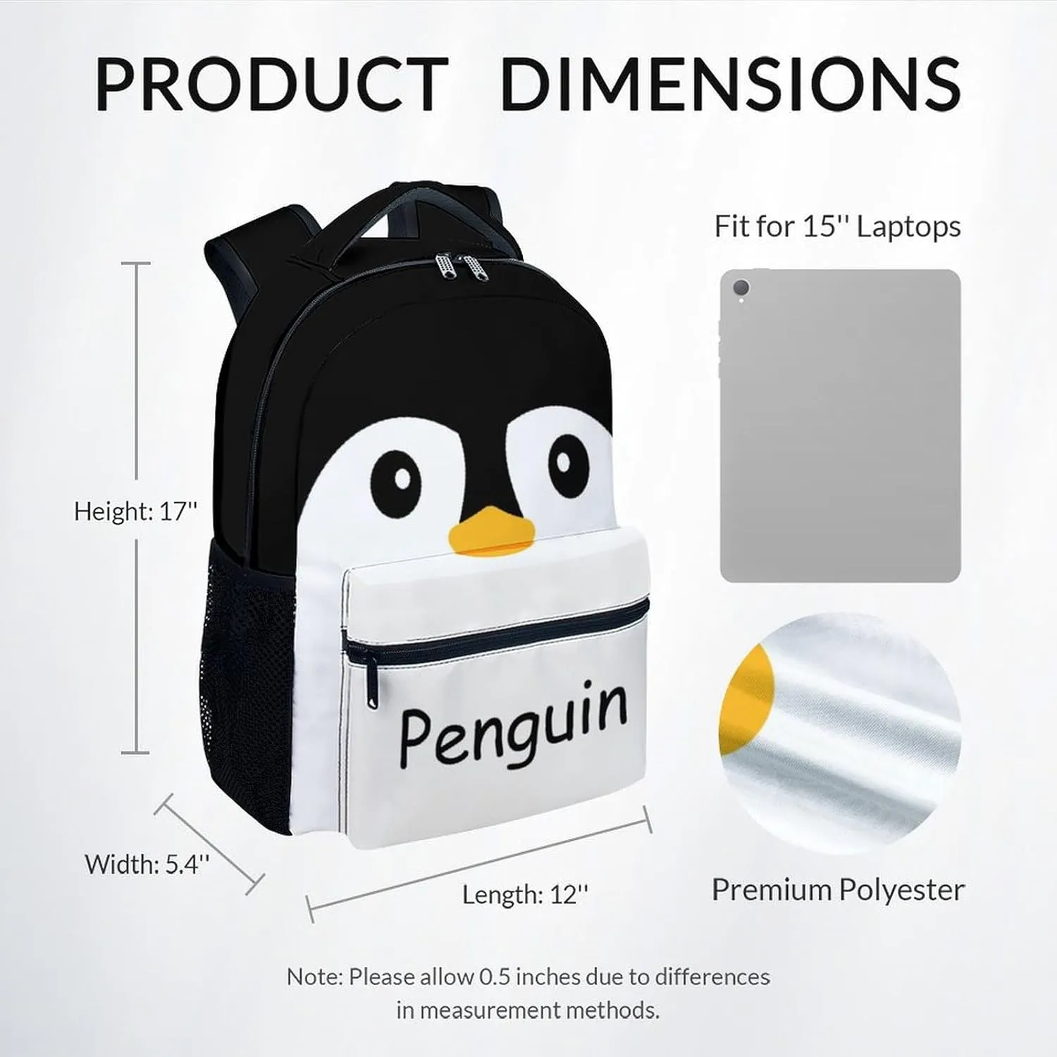 Kid Backpack for Girls - Penguin Schoolbag - Lightweight Durable Large Capacity - 17 Inch Black Bookbag for School, Travel and Camp
