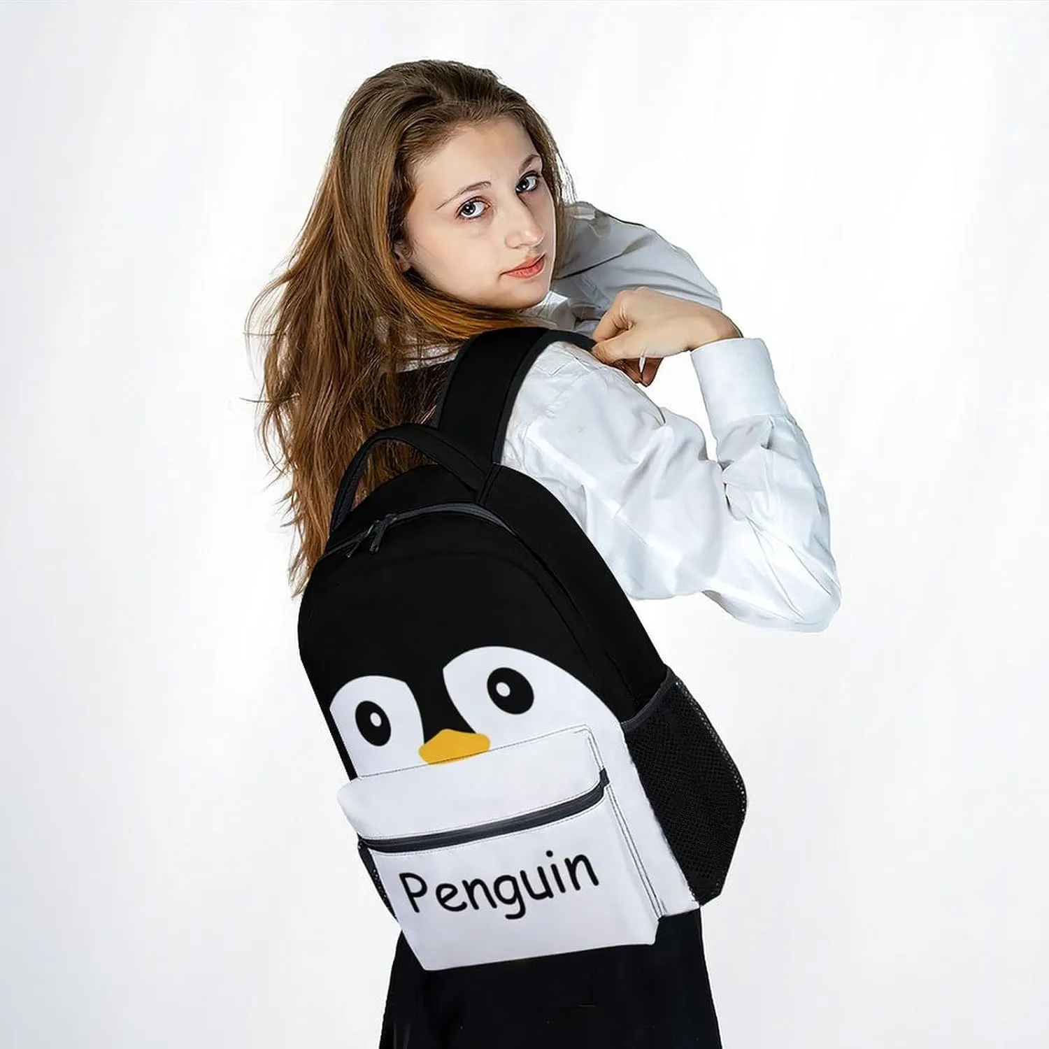 Kid Backpack for Girls - Penguin Schoolbag - Lightweight Durable Large Capacity - 17 Inch Black Bookbag for School, Travel and Camp