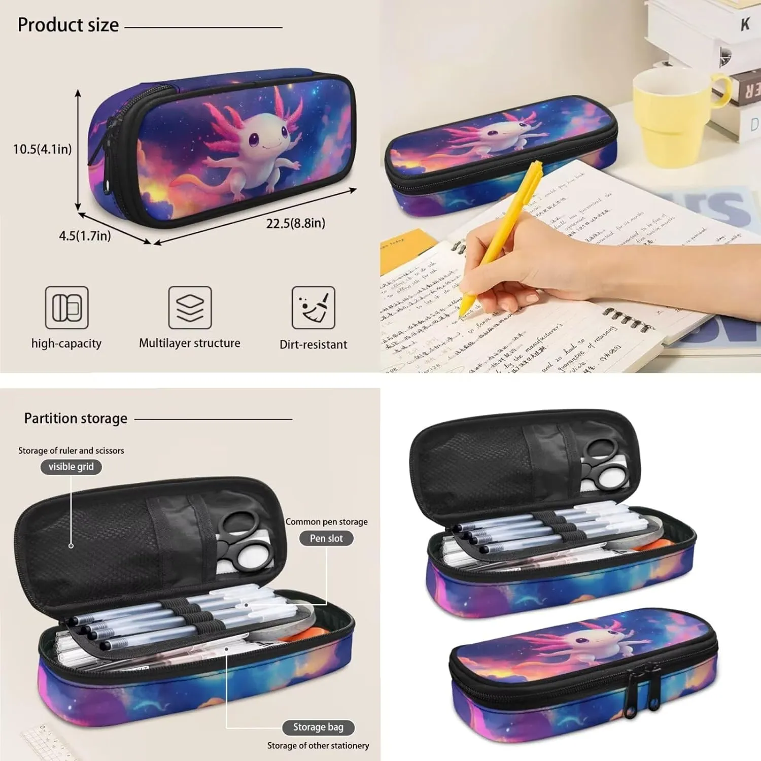 Kids Backpack Axolotl Lovely 3 in 1 Girl Book Bags Ages 10-12 with Lunch Bag Versatile School Bag for 4 Grade Student Travel Daypack 6th Grade 17 Inch
