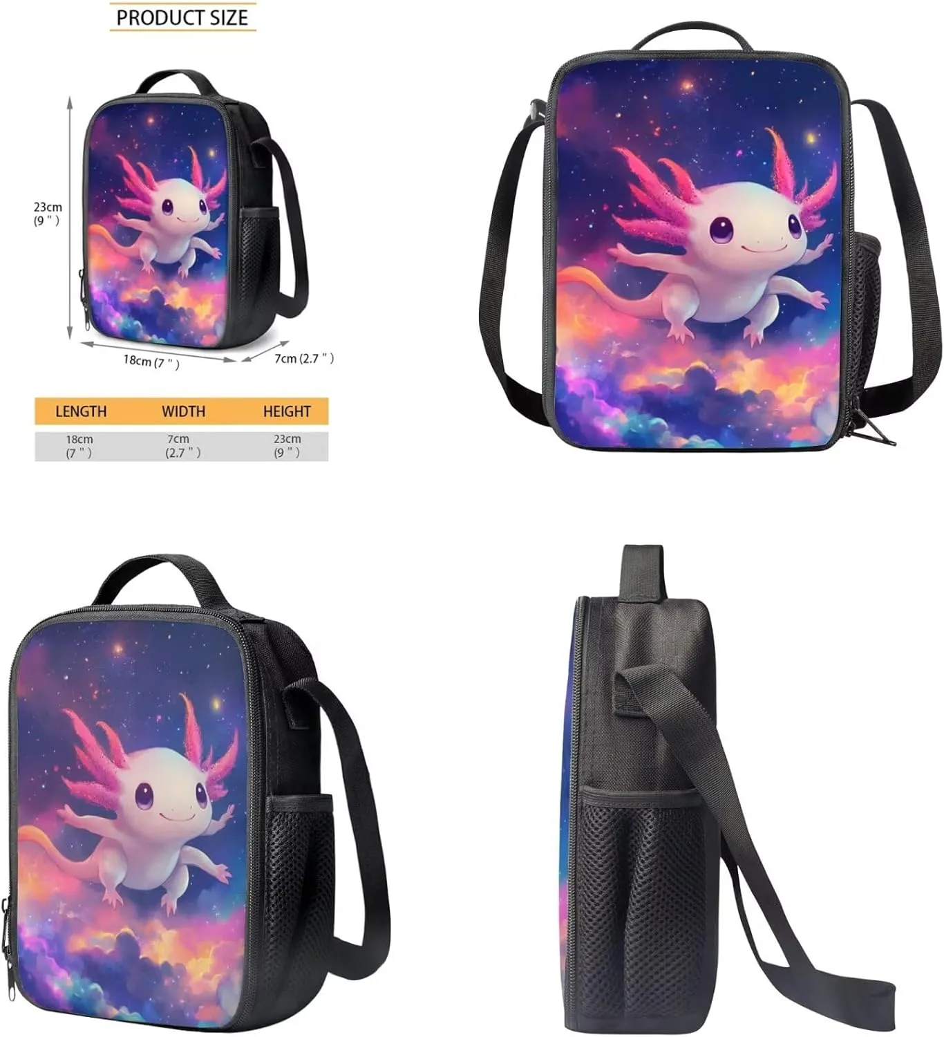 Kids Backpack Axolotl Lovely 3 in 1 Girl Book Bags Ages 10-12 with Lunch Bag Versatile School Bag for 4 Grade Student Travel Daypack 6th Grade 17 Inch
