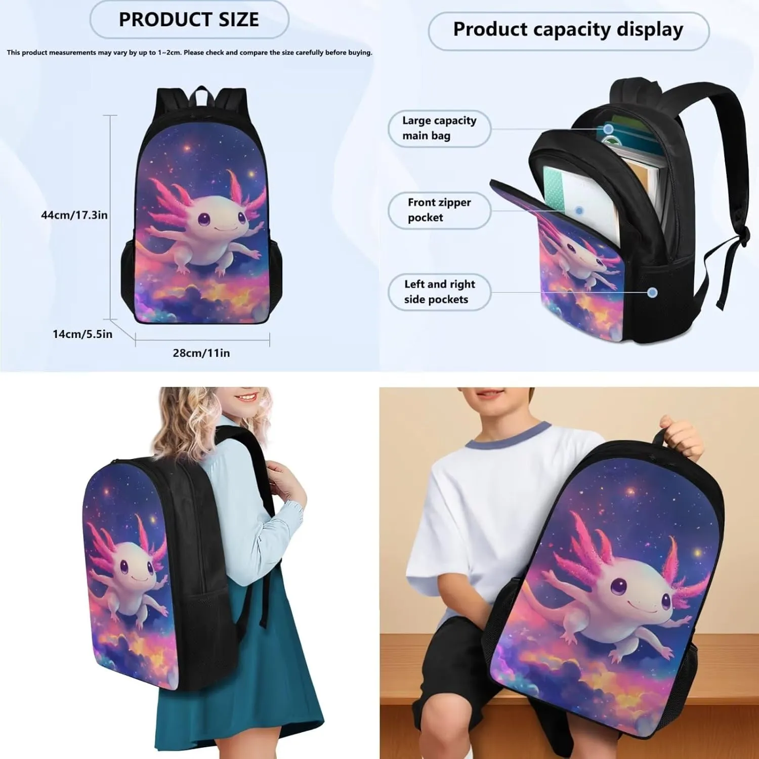 Kids Backpack Axolotl Lovely 3 in 1 Girl Book Bags Ages 10-12 with Lunch Bag Versatile School Bag for 4 Grade Student Travel Daypack 6th Grade 17 Inch