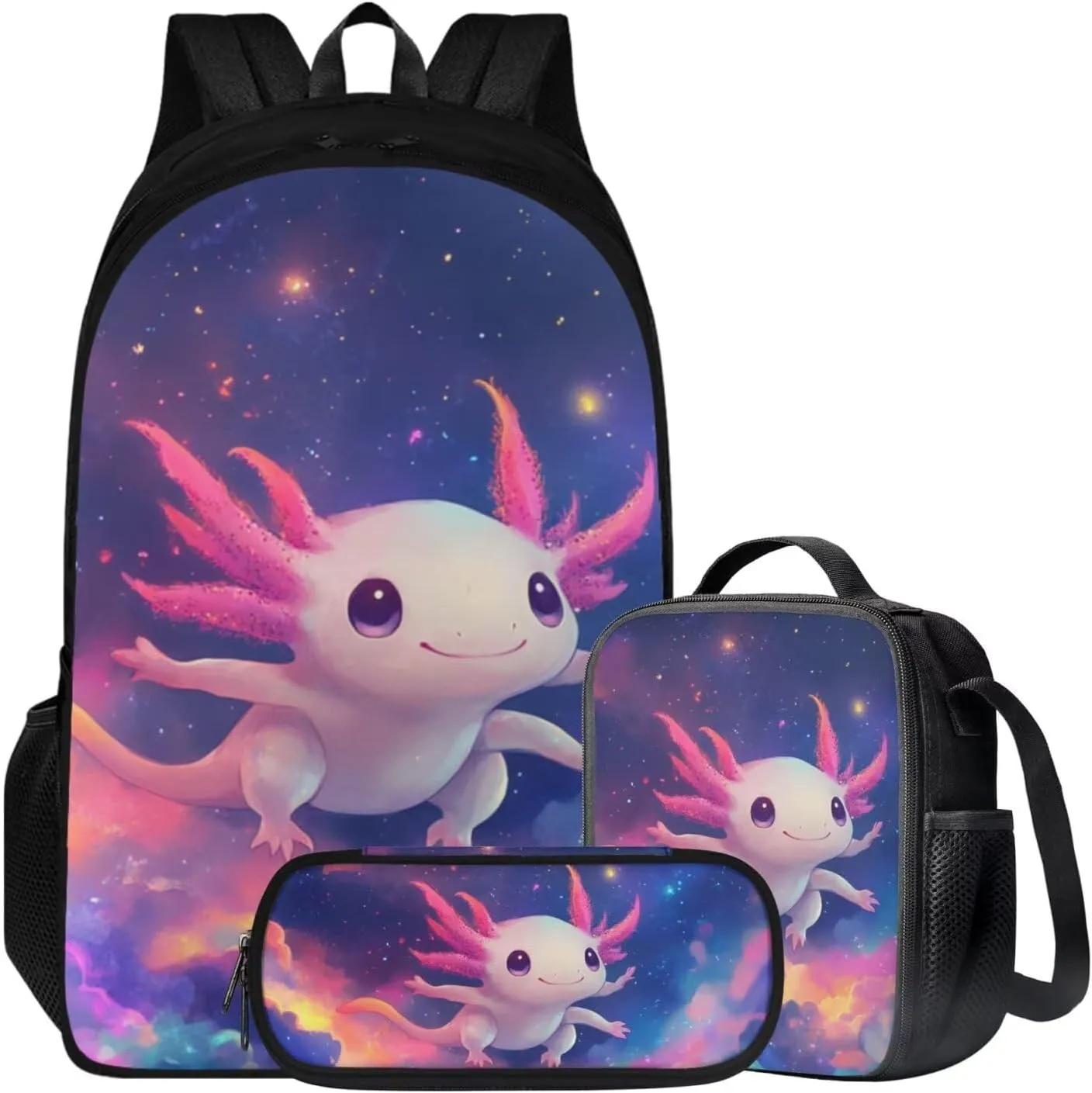 Kids Backpack Axolotl Lovely 3 in 1 Girl Book Bags Ages 10-12 with Lunch Bag Versatile School Bag for 4 Grade Student Travel Daypack 6th Grade 17 Inch