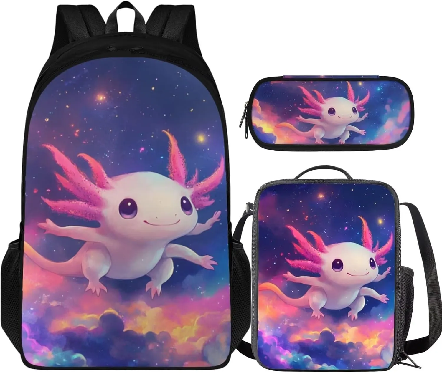 Kids Backpack Axolotl Lovely 3 in 1 Girl Book Bags Ages 10-12 with Lunch Bag Versatile School Bag for 4 Grade Student Travel Daypack 6th Grade 17 Inch