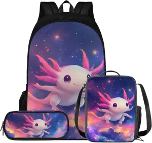 Kids Backpack Axolotl Lovely 3 in 1 Girl Book Bags Ages 10-12 with Lunch Bag Versatile School Bag for 4 Grade Student Travel Daypack 6th Grade 17 Inch