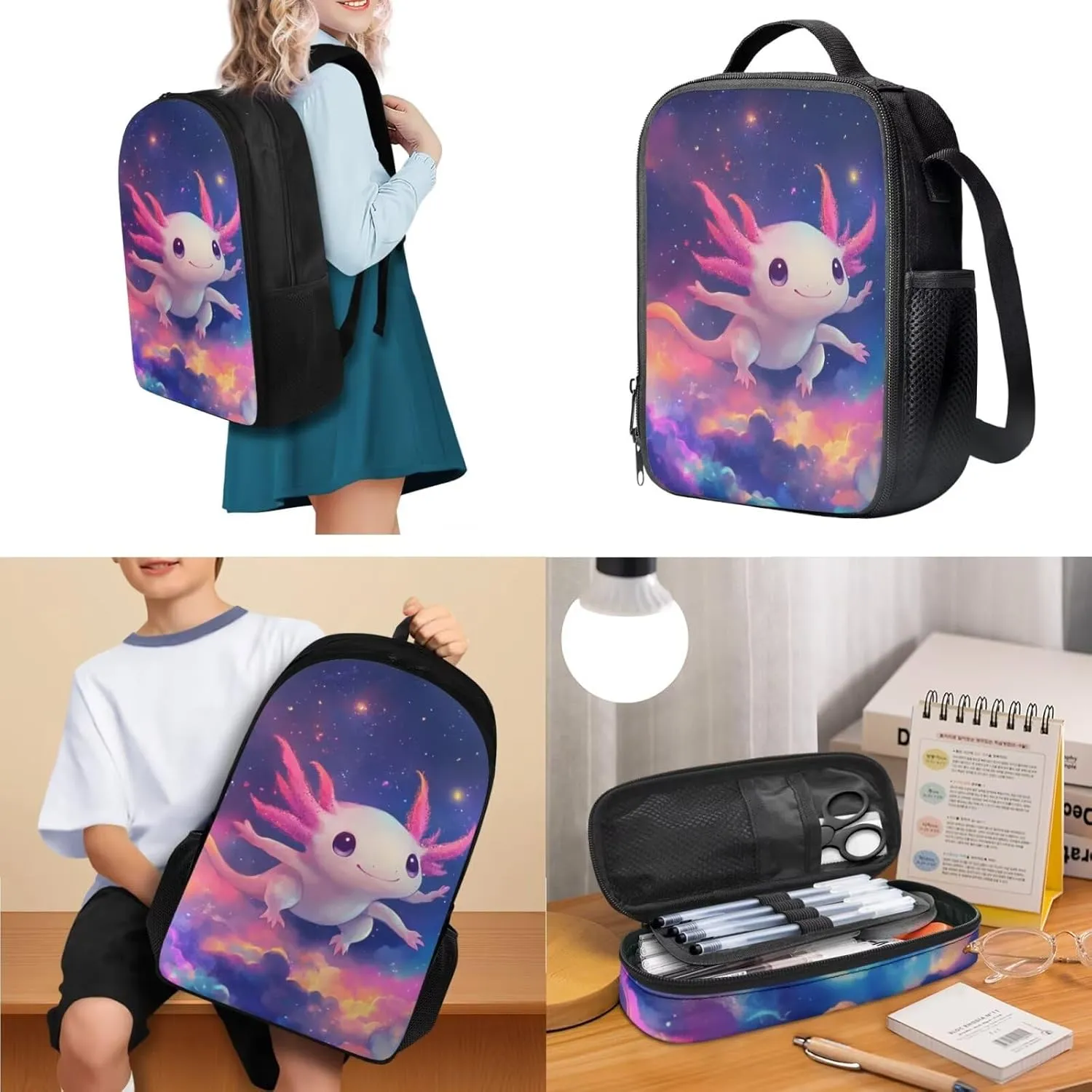 Kids Backpack Axolotl Lovely 3 in 1 Girl Book Bags Ages 10-12 with Lunch Bag Versatile School Bag for 4 Grade Student Travel Daypack 6th Grade 17 Inch