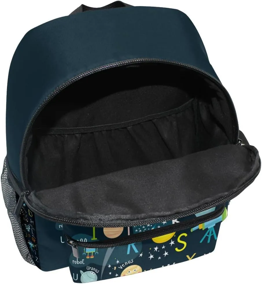 Kid's Backpack Cartoon Outer Planets Alphabets Toddler Backpack for Daycare Travel Preschool Bookbags for Boys Girls