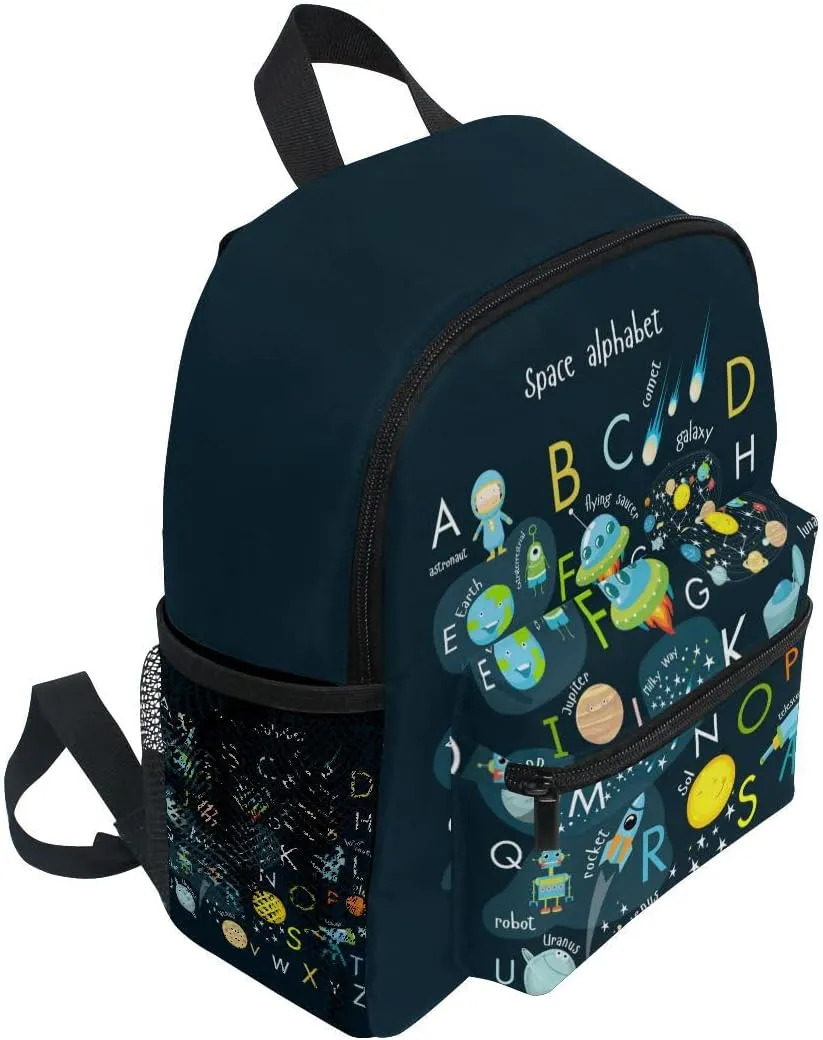 Kid's Backpack Cartoon Outer Planets Alphabets Toddler Backpack for Daycare Travel Preschool Bookbags for Boys Girls