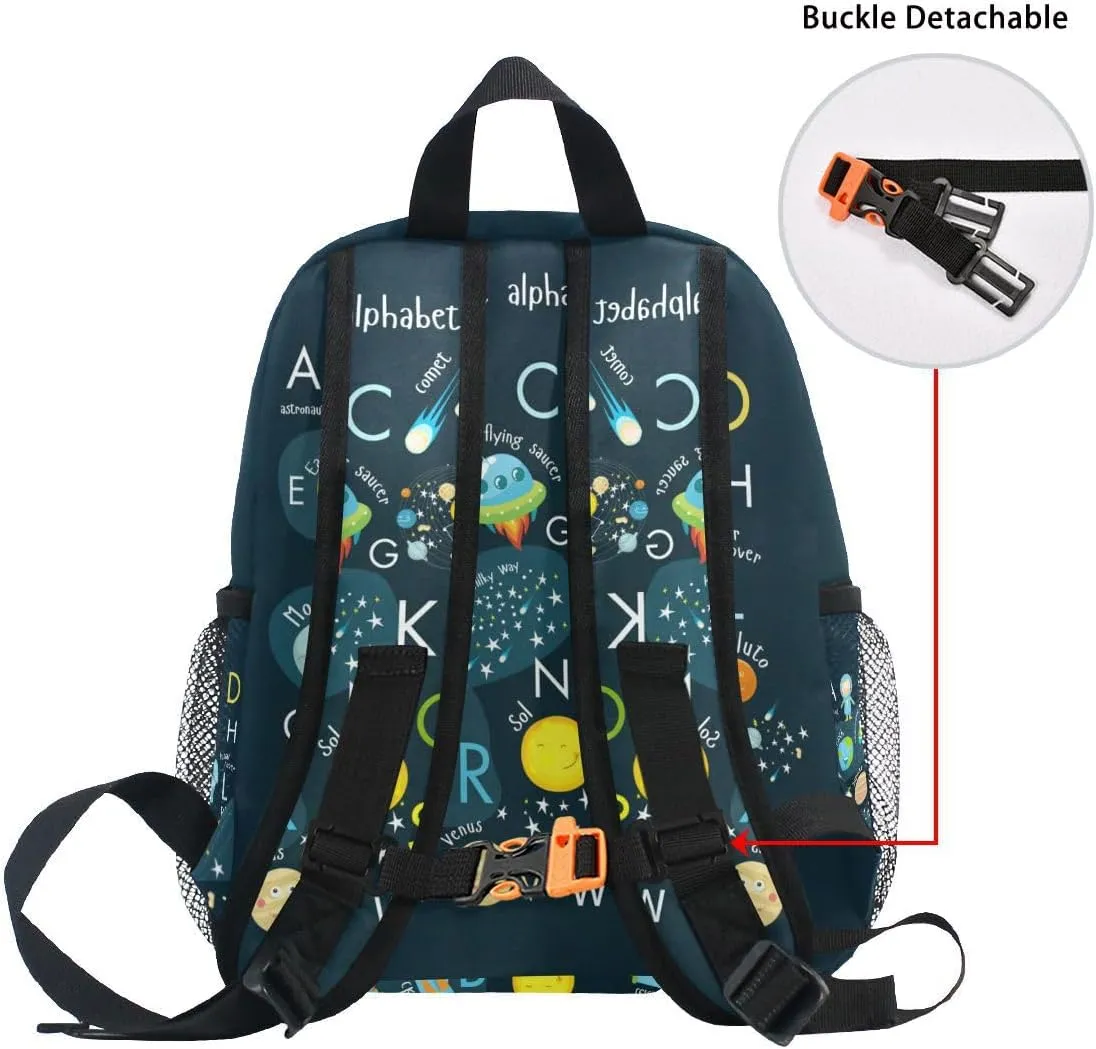 Kid's Backpack Cartoon Outer Planets Alphabets Toddler Backpack for Daycare Travel Preschool Bookbags for Boys Girls