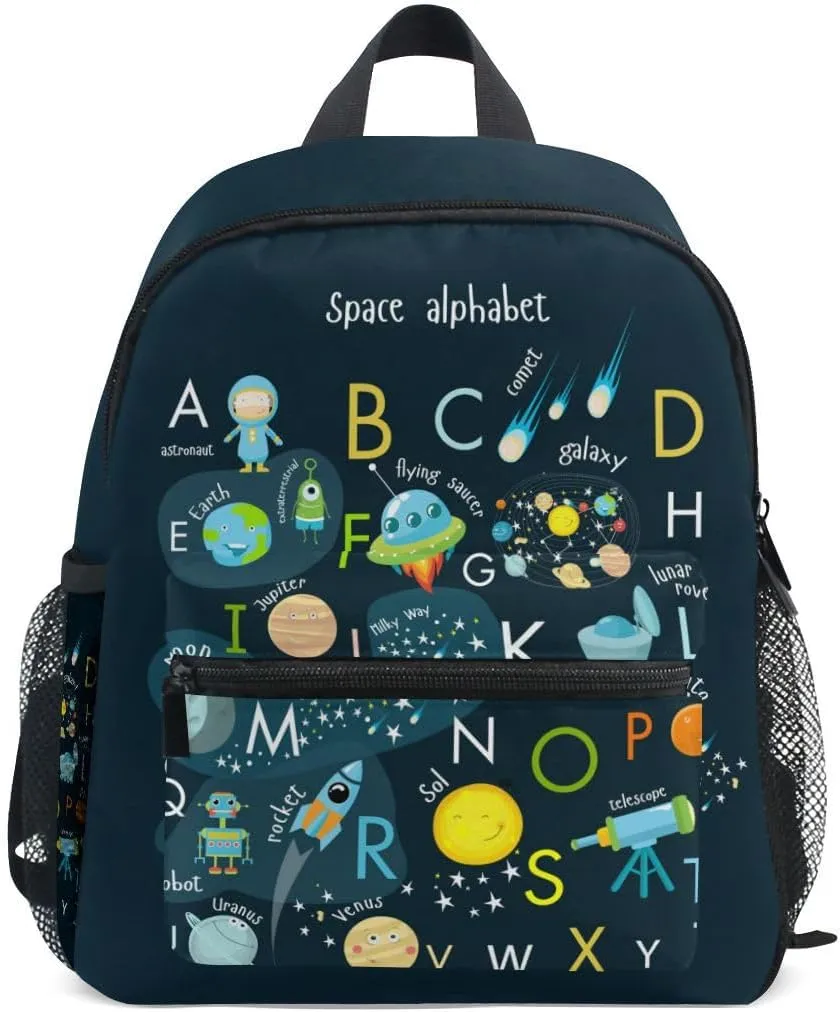 Kid's Backpack Cartoon Outer Planets Alphabets Toddler Backpack for Daycare Travel Preschool Bookbags for Boys Girls
