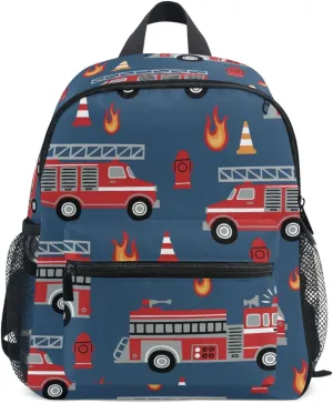 Kids Backpack for Boys Girls Cartoon Fire Trucks Dark Blue Students Schoolbag for Toddler Children Daycare Preschool Shoulder Bookbag with Chest Strap Kindergarten Elementary M