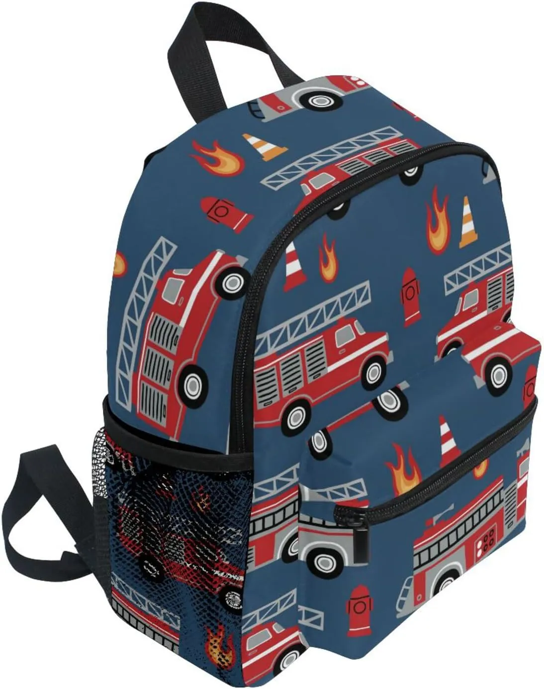 Kids Backpack for Boys Girls Cartoon Fire Trucks Dark Blue Students Schoolbag for Toddler Children Daycare Preschool Shoulder Bookbag with Chest Strap Kindergarten Elementary M