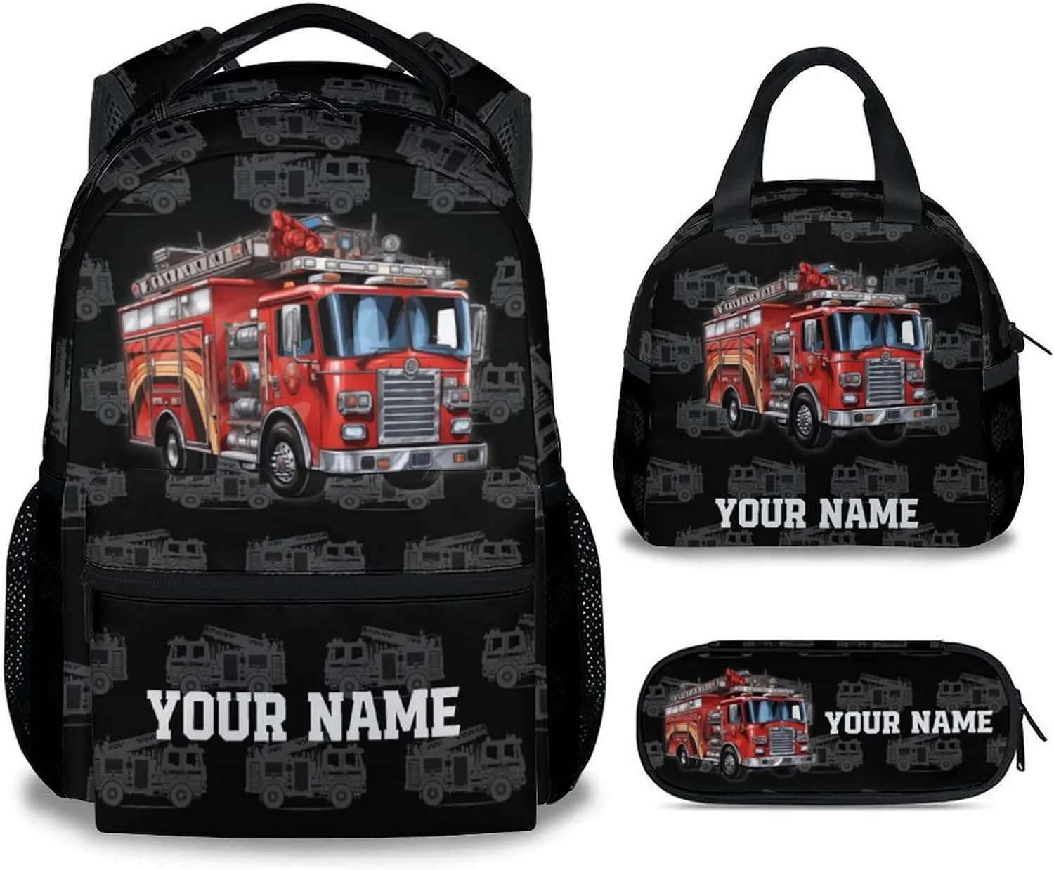 Kids Backpack Set for Boys, 17 Inch Custom Backpacks with Lunch Box for Kids, 3 in 1 Cute Fire Truck Bookbag for School Travel