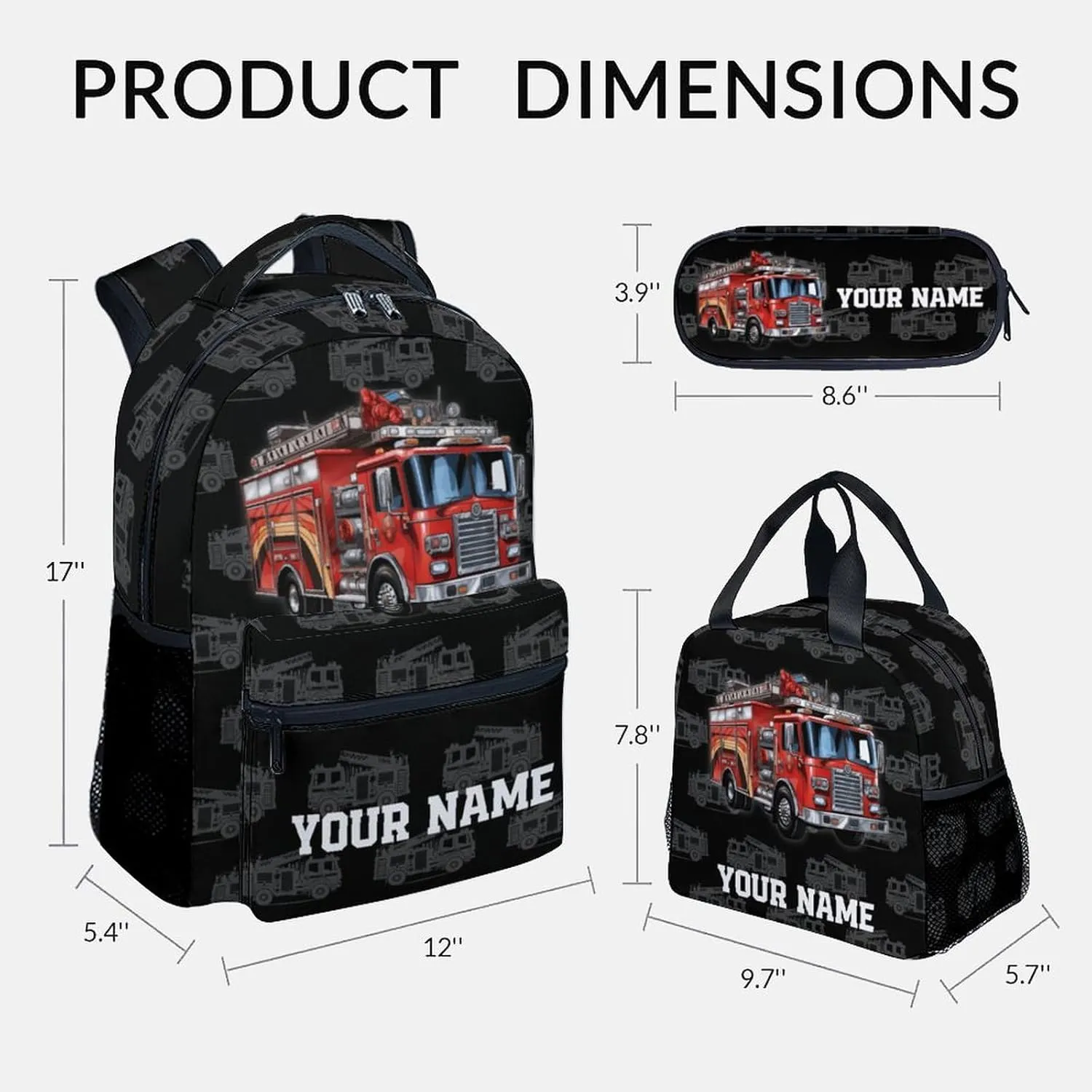 Kids Backpack Set for Boys, 17 Inch Custom Backpacks with Lunch Box for Kids, 3 in 1 Cute Fire Truck Bookbag for School Travel