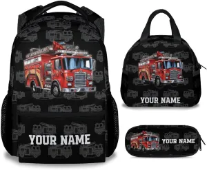 Kids Backpack Set for Boys, 17 Inch Custom Backpacks with Lunch Box for Kids, 3 in 1 Cute Fire Truck Bookbag for School Travel