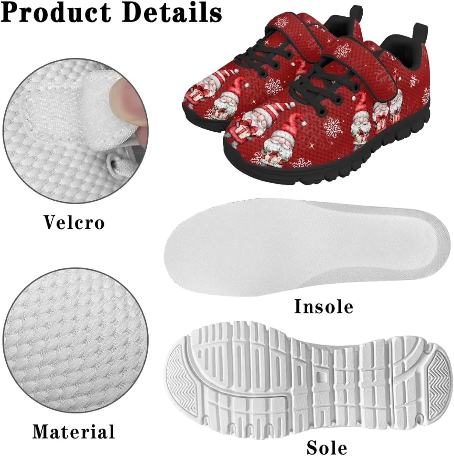 Kids Christmas Shoes Comfortable Breathable Hook and Loops Strap Athletic Running Shoes for Litter Kids Lightweight Non-Slip Outdoor School Sport Sneaker for Big Kids US 11-15