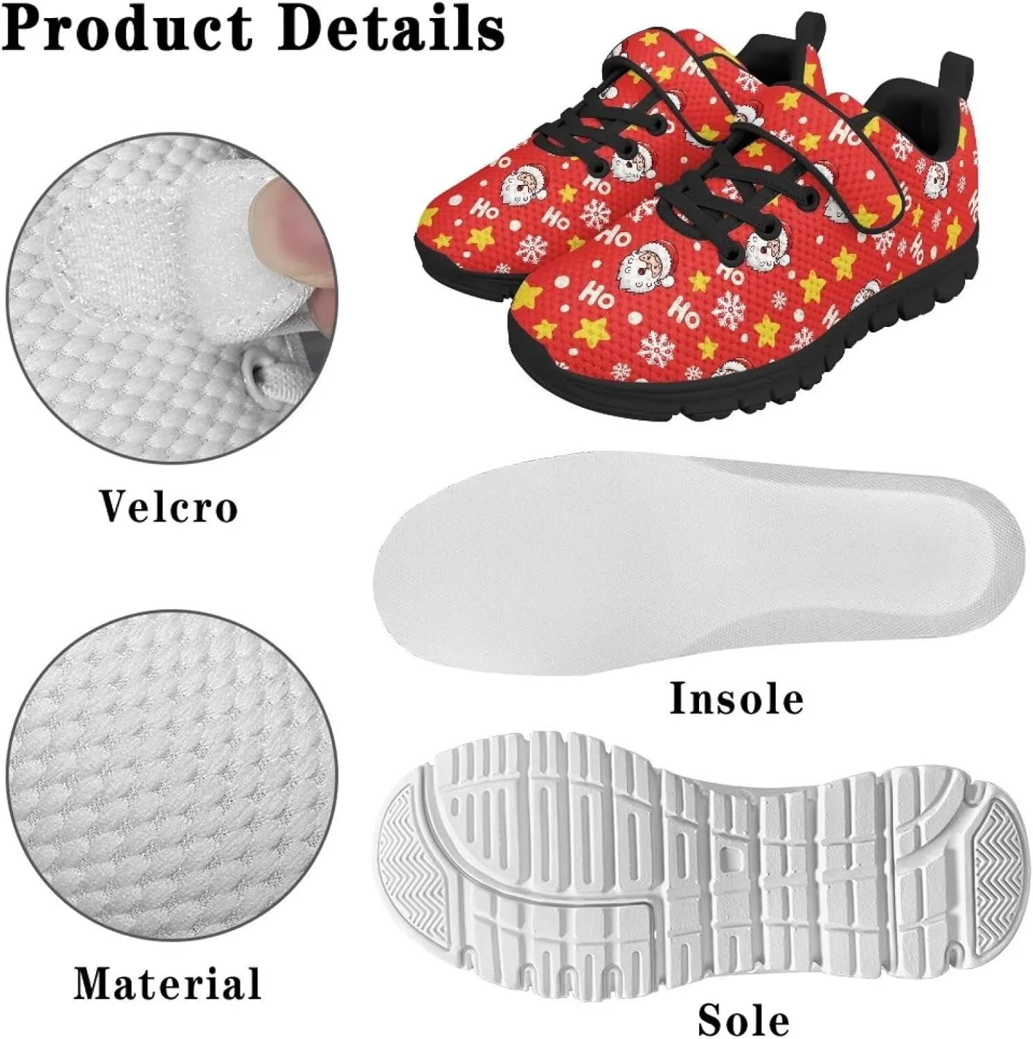 Kids Christmas Shoes Comfortable Breathable Hook and Loops Strap Athletic Running Shoes for Litter Kids Lightweight Non-Slip Outdoor School Sport Sneaker for Big Kids US 11-15