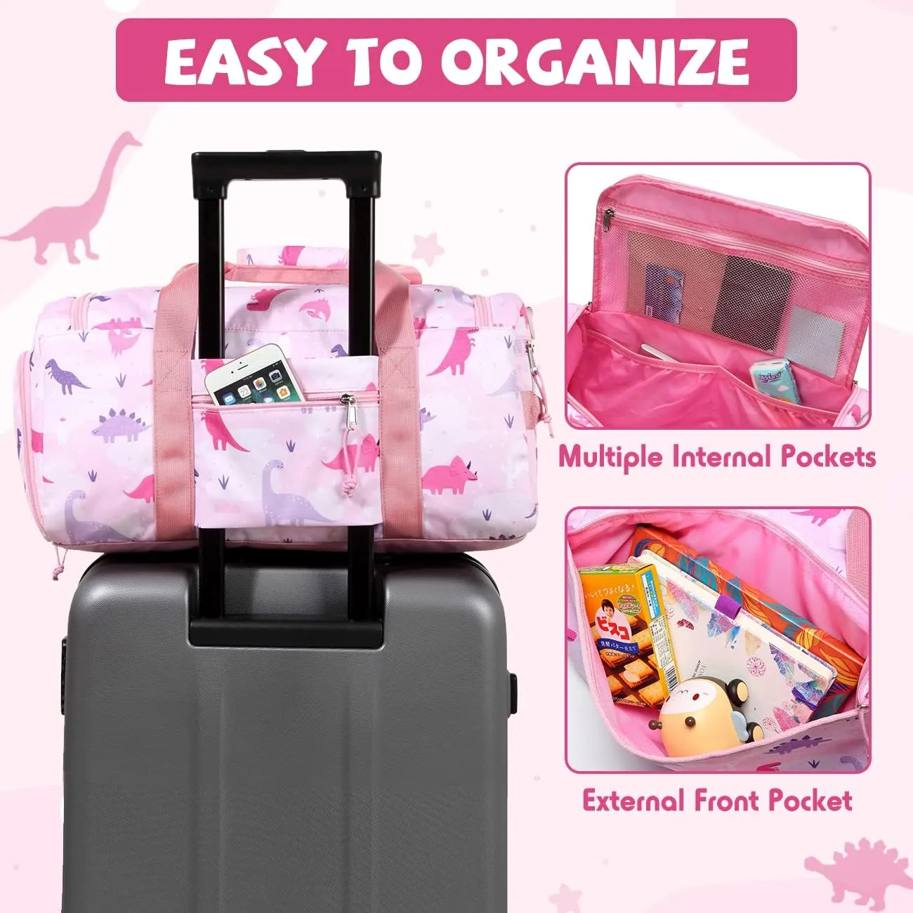 Kids Duffle Bag,VASCHY Travel Bag for Toddler Children Girls Water Resistant Overnight Duffel Ballet Dance Sport Carry On Weekender Bag with Shoes Compartment Dry Wet Pocket Pink Dinosaur