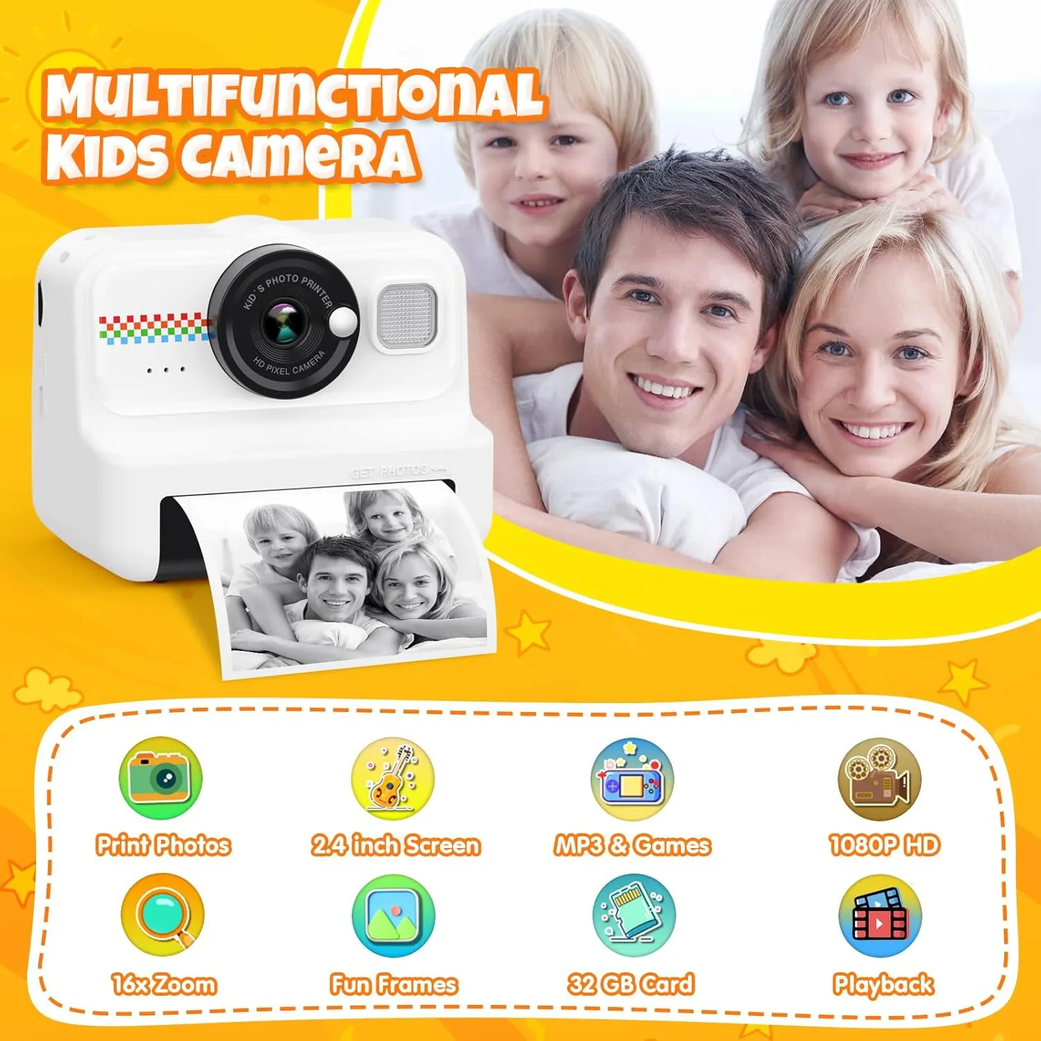 Kids Instant Print Camera, 1080P HD Kids Camera Instant Print with 3 Rolls Print Paper & 32GB Card, Ideal Kids Toys Gifts for Boys & Girls Age 3-14 (Black)