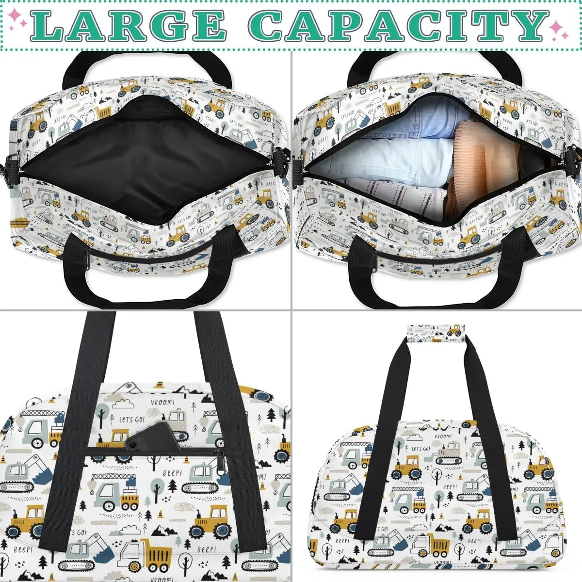 Kids Overnighter Duffel Bags for Boys Girls, Cartoon Construction Truck Carry-On Size Sports Gym Bag for School Practice or Overnight Travel Weekender Sleepover Tote Bag