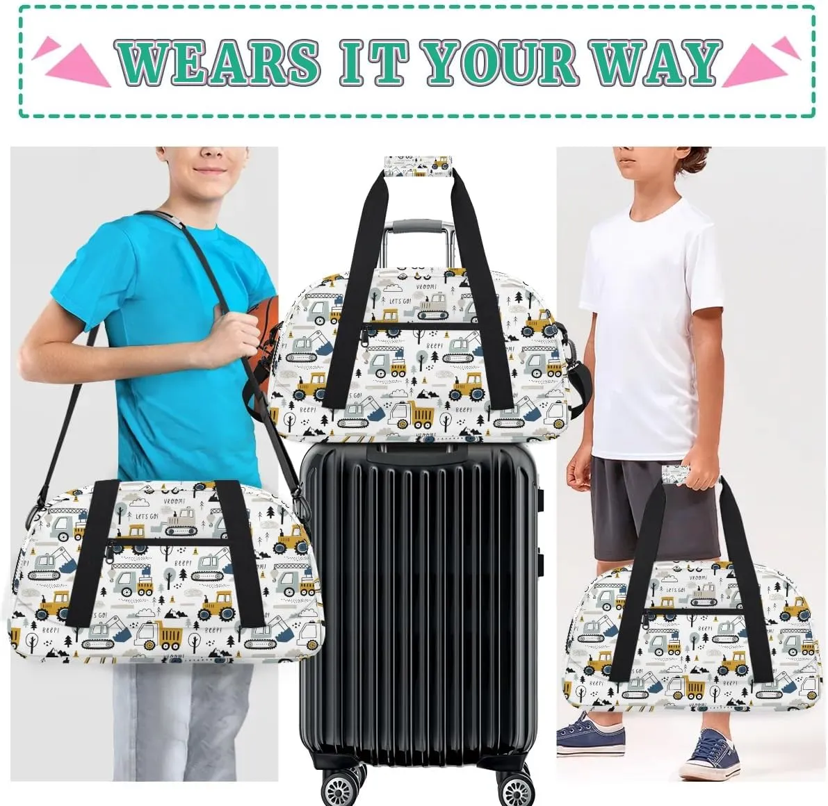 Kids Overnighter Duffel Bags for Boys Girls, Cartoon Construction Truck Carry-On Size Sports Gym Bag for School Practice or Overnight Travel Weekender Sleepover Tote Bag