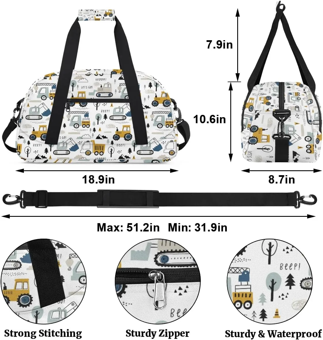 Kids Overnighter Duffel Bags for Boys Girls, Cartoon Construction Truck Carry-On Size Sports Gym Bag for School Practice or Overnight Travel Weekender Sleepover Tote Bag