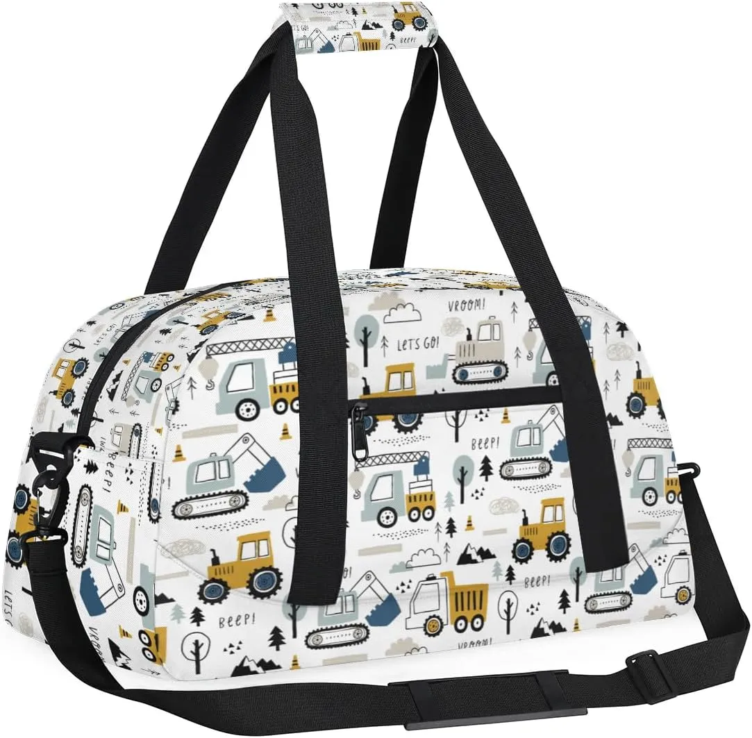 Kids Overnighter Duffel Bags for Boys Girls, Cartoon Construction Truck Carry-On Size Sports Gym Bag for School Practice or Overnight Travel Weekender Sleepover Tote Bag
