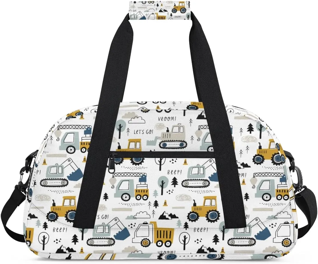 Kids Overnighter Duffel Bags for Boys Girls, Cartoon Construction Truck Carry-On Size Sports Gym Bag for School Practice or Overnight Travel Weekender Sleepover Tote Bag
