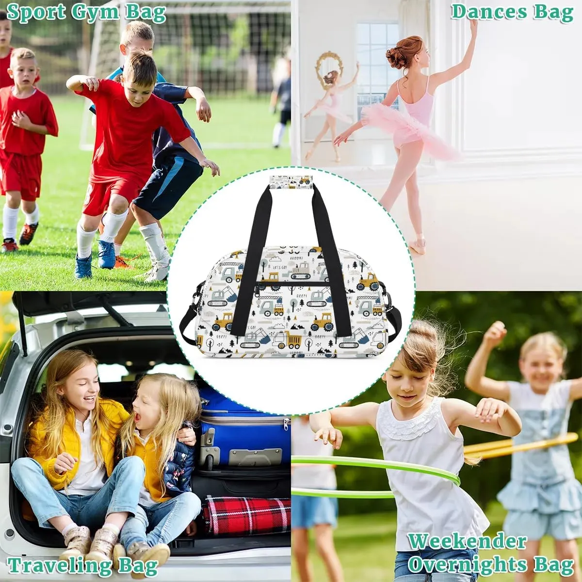 Kids Overnighter Duffel Bags for Boys Girls, Cartoon Construction Truck Carry-On Size Sports Gym Bag for School Practice or Overnight Travel Weekender Sleepover Tote Bag