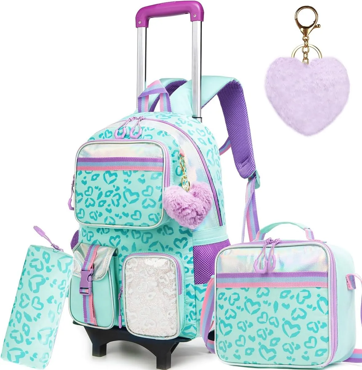 Kids Rolling Backpack for Girls Backpack with Wheels Girls Backpack with Lunch Box Set Kids Suitcase for Girls School Roller Backbag with Wheels for Elementary Students with Carry On Luggage
