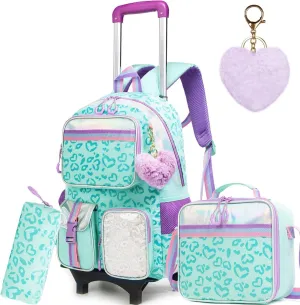 Kids Rolling Backpack for Girls Backpack with Wheels Girls Backpack with Lunch Box Set Kids Suitcase for Girls School Roller Backbag with Wheels for Elementary Students with Carry On Luggage