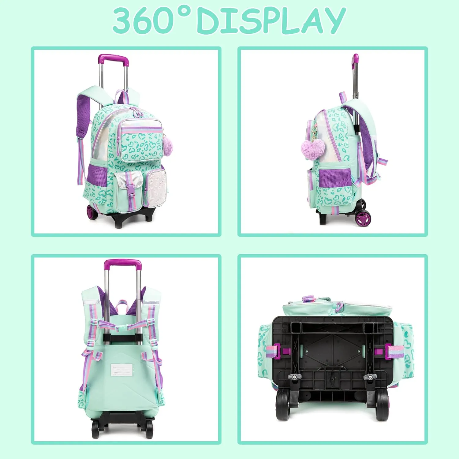 Kids Rolling Backpack for Girls Backpack with Wheels Girls Backpack with Lunch Box Set Kids Suitcase for Girls School Roller Backbag with Wheels for Elementary Students with Carry On Luggage