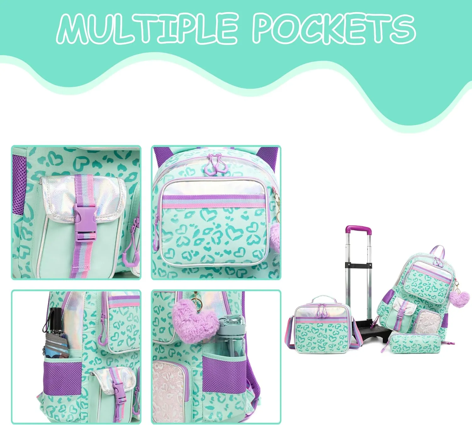 Kids Rolling Backpack for Girls Backpack with Wheels Girls Backpack with Lunch Box Set Kids Suitcase for Girls School Roller Backbag with Wheels for Elementary Students with Carry On Luggage