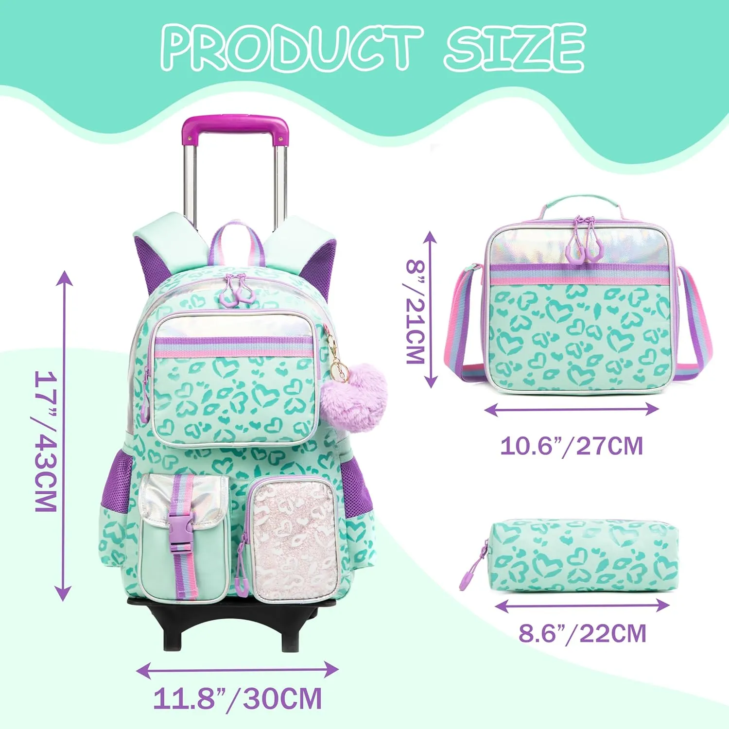 Kids Rolling Backpack for Girls Backpack with Wheels Girls Backpack with Lunch Box Set Kids Suitcase for Girls School Roller Backbag with Wheels for Elementary Students with Carry On Luggage