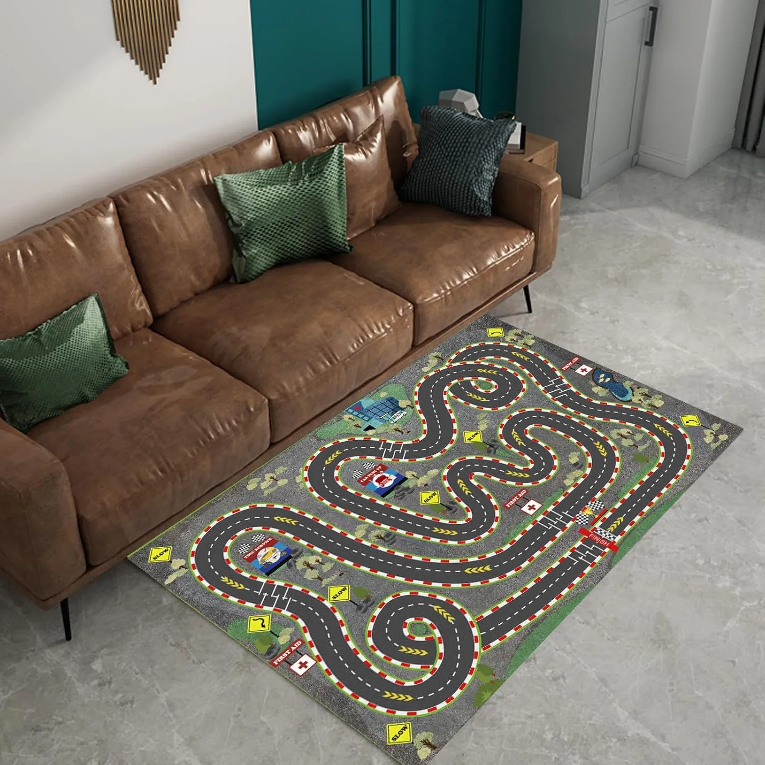 Kids Rug Car Rugs for Kids Toy Cars Play Mat City Life Road Rug for Cars Fun City Map for Carpet for Bedroom Boys (Wilderness Speed, 39 * 59 inches)