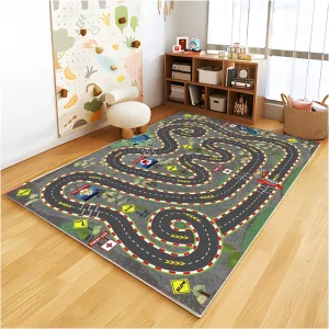 Kids Rug Car Rugs for Kids Toy Cars Play Mat City Life Road Rug for Cars Fun City Map for Carpet for Bedroom Boys (Wilderness Speed, 39 * 59 inches)