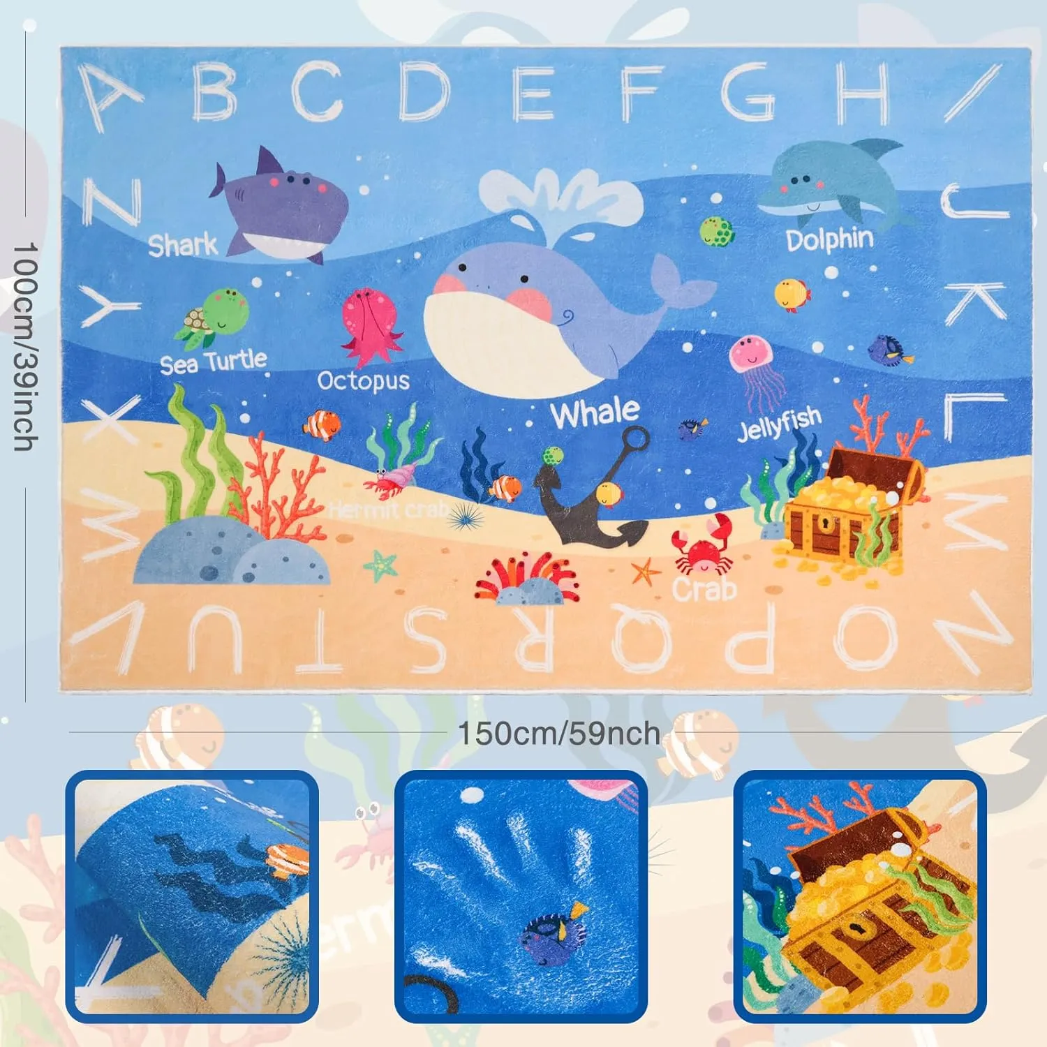 Kids Rugs for Playroom,59"X39.4" ABC Alphabet Whale Kids Rug,Non-Slip Ocean Kids Rug Play Mat,Washable Educational Classroom Rug Kids Area Carpet for Kids Room Bedroom Nursery Playroom