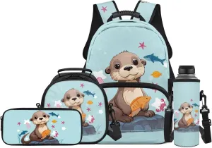 Kids School Bag Sea Otter Backpack and Lunchbox for Girls Boys School Bookbag Elementary Backpack and Pencil Case Pouch Set 4 in 1 Back to School Supplies