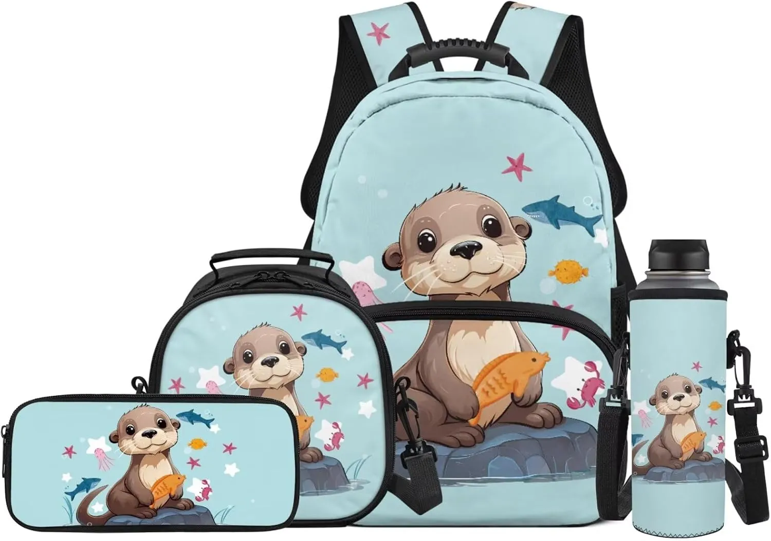 Kids School Bag Sea Otter Backpack and Lunchbox for Girls Boys School Bookbag Elementary Backpack and Pencil Case Pouch Set 4 in 1 Back to School Supplies