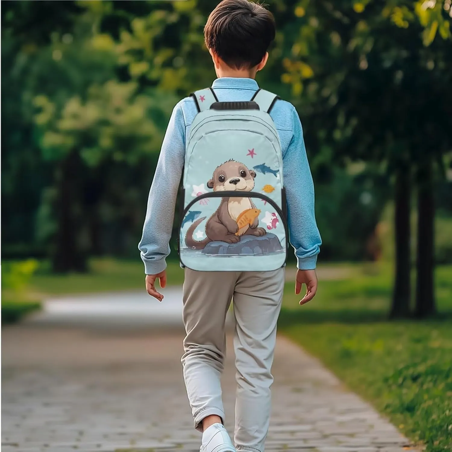 Kids School Bag Sea Otter Backpack and Lunchbox for Girls Boys School Bookbag Elementary Backpack and Pencil Case Pouch Set 4 in 1 Back to School Supplies