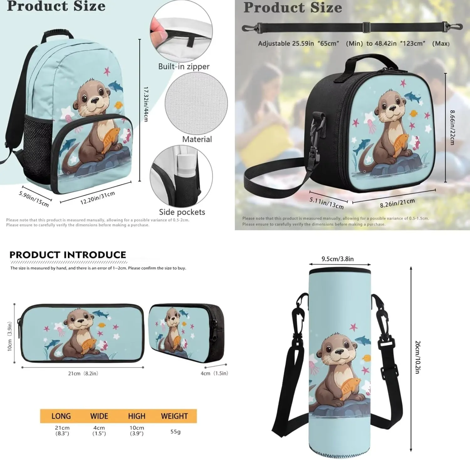 Kids School Bag Sea Otter Backpack and Lunchbox for Girls Boys School Bookbag Elementary Backpack and Pencil Case Pouch Set 4 in 1 Back to School Supplies
