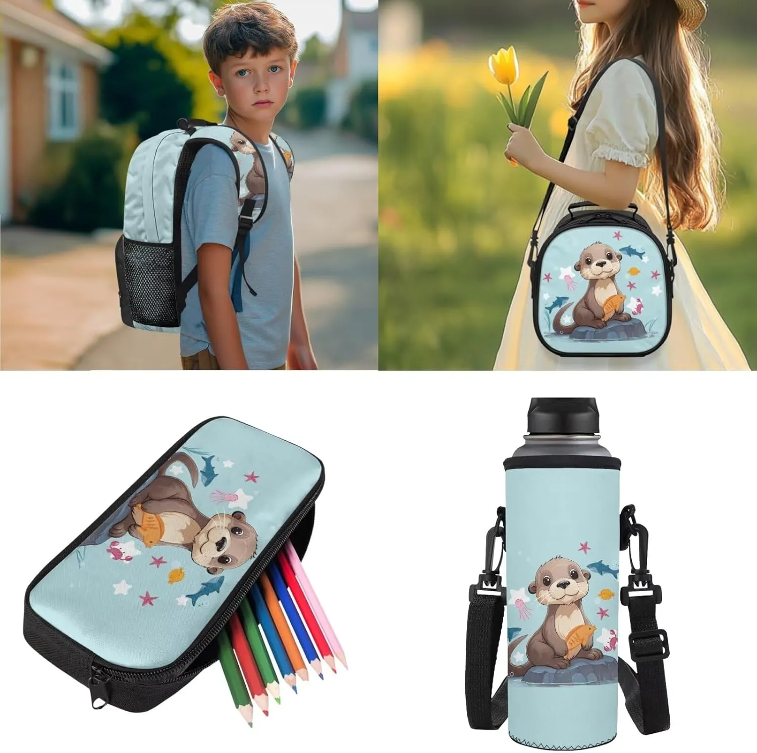 Kids School Bag Sea Otter Backpack and Lunchbox for Girls Boys School Bookbag Elementary Backpack and Pencil Case Pouch Set 4 in 1 Back to School Supplies