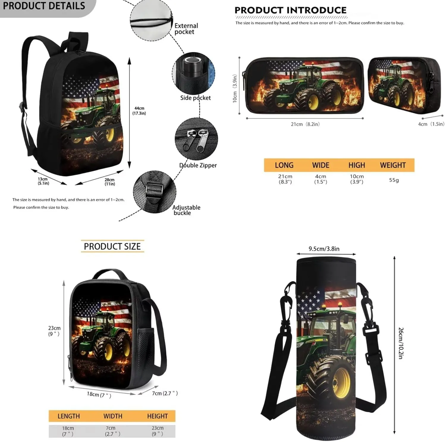 Kids School Bag Tractor Backpack and Lunchbox for Toddler Boys and Girls American Flag School Bookbag Elementary backpack and Pencil Case Pouch Set 4 in 1
