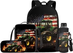 Kids School Bag Tractor Backpack and Lunchbox for Toddler Boys and Girls American Flag School Bookbag Elementary backpack and Pencil Case Pouch Set 4 in 1