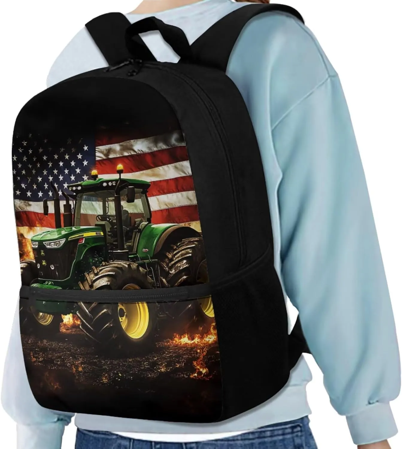 Kids School Bag Tractor Backpack and Lunchbox for Toddler Boys and Girls American Flag School Bookbag Elementary backpack and Pencil Case Pouch Set 4 in 1