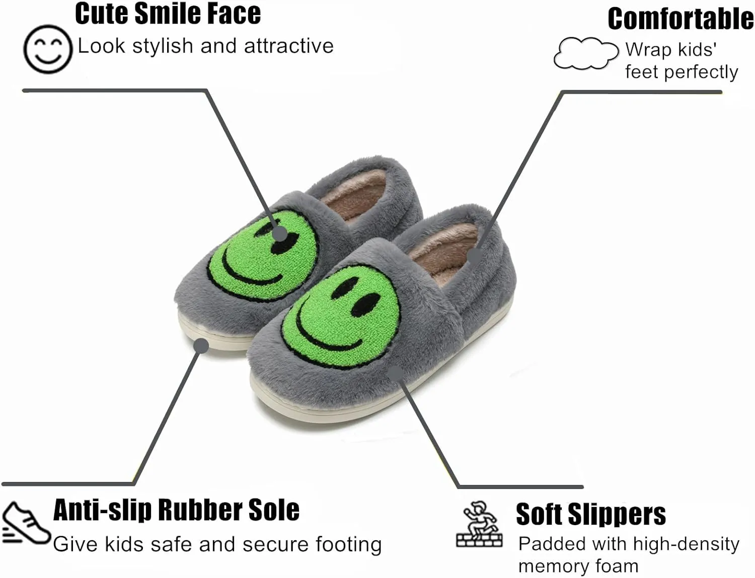 Kids Smile Face Slippers for Boys Girls, Cute Plush Fuzzy Toddler Infant Happy Face Slippers, Indoor Outdoor Non-slip Robber Sole with Memory Foam Warm Pillow House Shoes