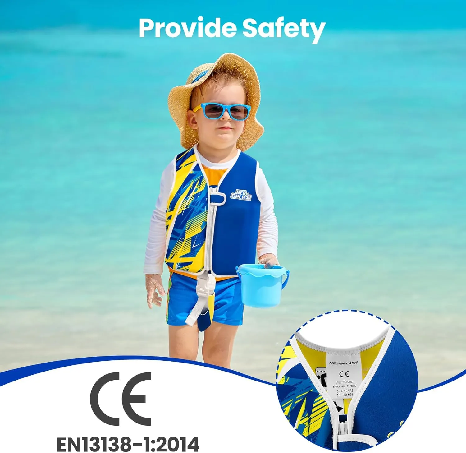 Kids Swim Vest Neoprene Swimming Aid with Adjustable Safety Strap for Age 1-3 and 3-6
