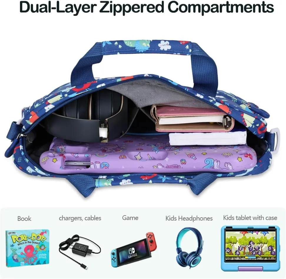 Kids Tablet Sleeve, Cute Dinosaur Design, 13 inch, Fits Fire HD 10/8, IPad 10.2/7/8/9, Portable Tablet Bag with Shoulder Strap for Boy & Girl