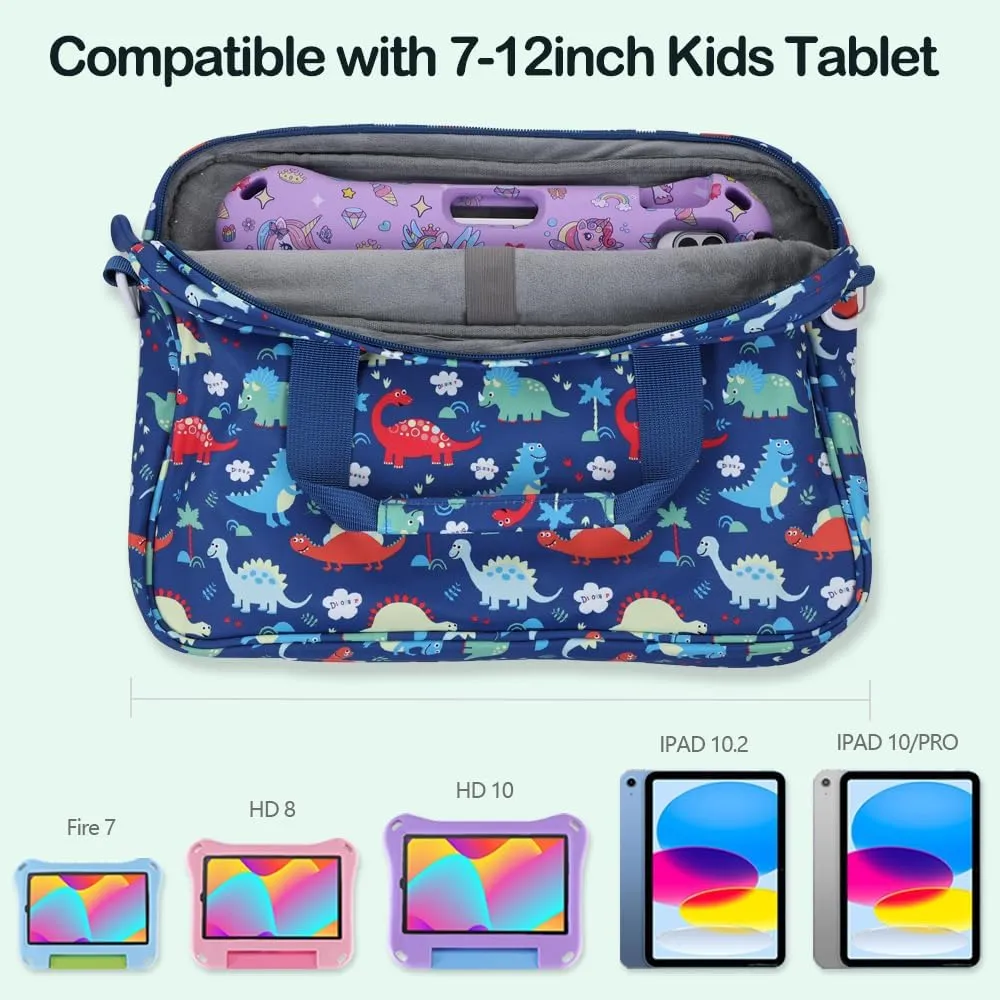 Kids Tablet Sleeve, Cute Dinosaur Design, 13 inch, Fits Fire HD 10/8, IPad 10.2/7/8/9, Portable Tablet Bag with Shoulder Strap for Boy & Girl