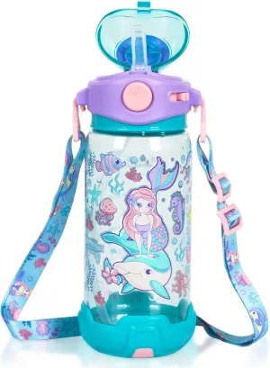 Kids Water Bottle with Straw/Lanyard for School Kids Girls Boys, 22oz BPA Free Child Drinking Water Bottle One-Click-Open Leak-Proof Locking Flip Lid for School Sport Travel